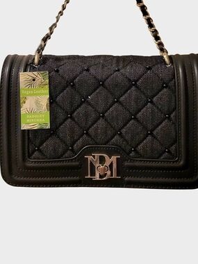 BADGLEY MISCHKA Black Quilted Vegan Leather Shoulder Bag Gold Chain Strap NWT